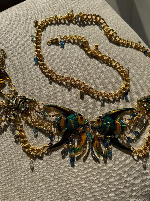 Vintage Lunch at the Ritz Belt Charm Fish Rhinestone Belt Gold Metallic Chain Charm Belt up to 90s Tropical Fish Charm Beach Wedding Belt