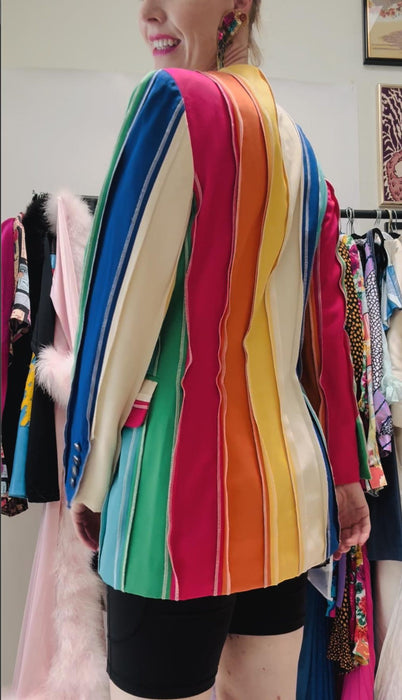 Vintage 90s Moschino Couture Striped Rainbow Suit Jacket 1991 Spring Summer Moschino Jacket Pink Blue Green Made in Italy Medium The Nanny