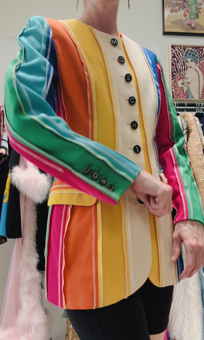Vintage 90s Moschino Couture Striped Rainbow Suit Jacket 1991 Spring Summer Moschino Jacket Pink Blue Green Made in Italy Medium The Nanny