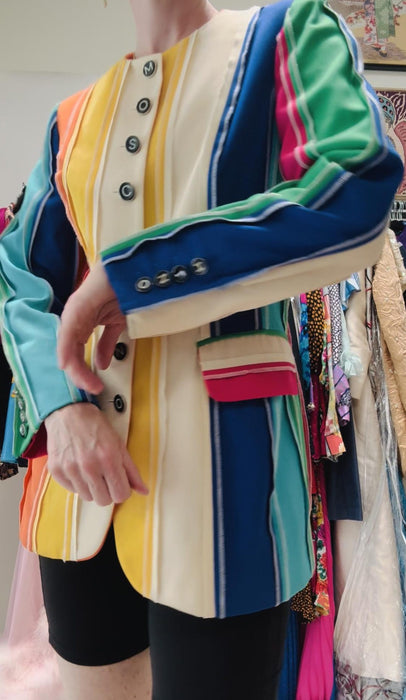 Vintage 90s Moschino Couture Striped Rainbow Suit Jacket 1991 Spring Summer Moschino Jacket Pink Blue Green Made in Italy Medium The Nanny
