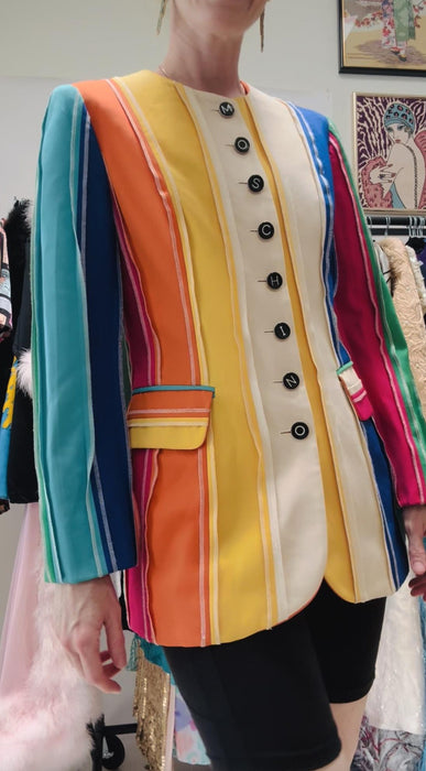 Vintage 90s Moschino Couture Striped Rainbow Suit Jacket 1991 Spring Summer Moschino Jacket Pink Blue Green Made in Italy Medium The Nanny