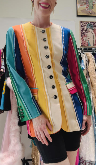 Vintage 90s Moschino Couture Striped Rainbow Suit Jacket 1991 Spring Summer Moschino Jacket Pink Blue Green Made in Italy Medium The Nanny