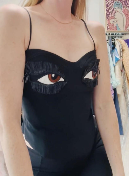 Vintage 90s Moschino Couture Eye Top Black Top Size Small With Eyes Pop Art Black Tank Top by Moschino Couture Spring Summer 1990 Black Top