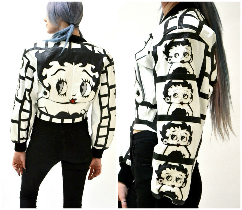 80s 90s Vintage Leather Jacket with Betty Boop Vintage White Leather Bomber Jacket with Betty Boop Comics Black and White Small Medium
