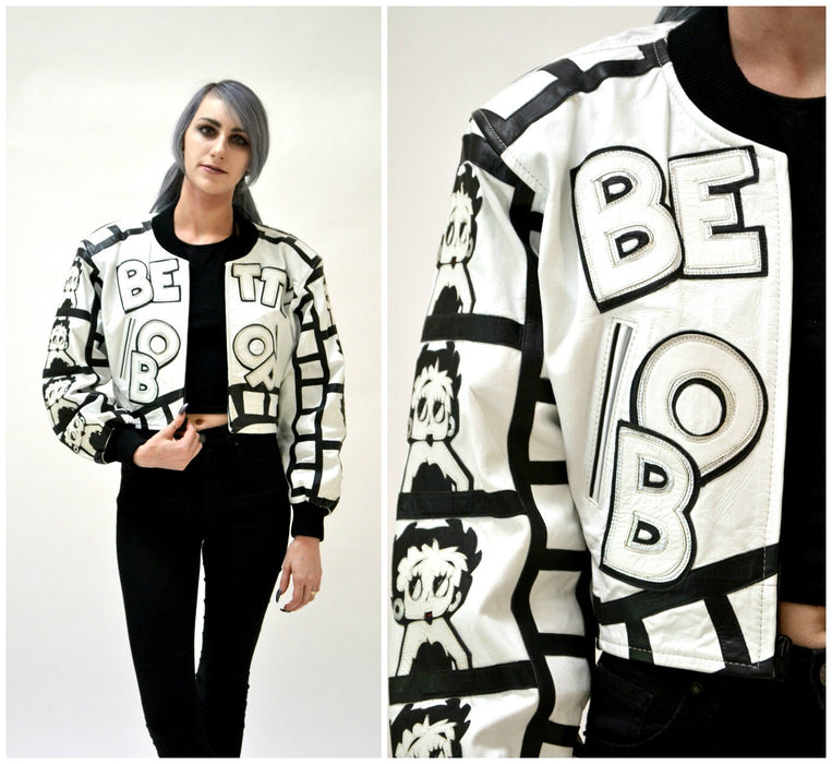 80s 90s Vintage Leather Jacket with Betty Boop Vintage White Leather Bomber Jacket with Betty Boop Comics Black and White Small Medium