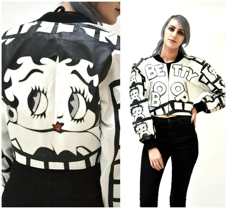 80s 90s Vintage Leather Jacket with Betty Boop Vintage White Leather Bomber Jacket with Betty Boop Comics Black and White Small Medium