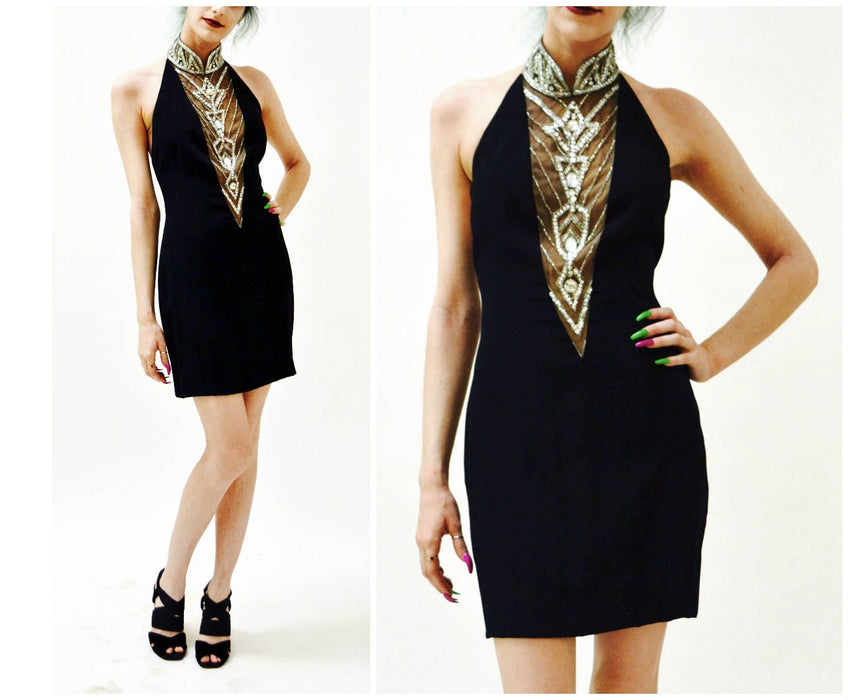 80s 90s Vintage BOB MACKIE Dress Black Sequin Beaded Metallic Halter Neck// Black Metallic Sequin Halter Mini Dress Bob Mackie Cher XS