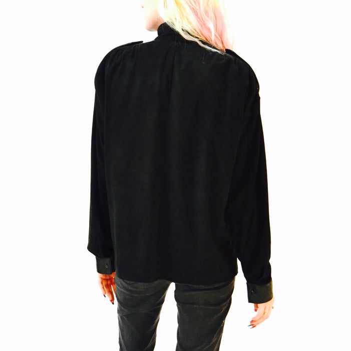 90s Vintage Black Leather Button Down Shirt Long Sleeve Black Suede Top Blouse Top Medium Large Black Large Top
