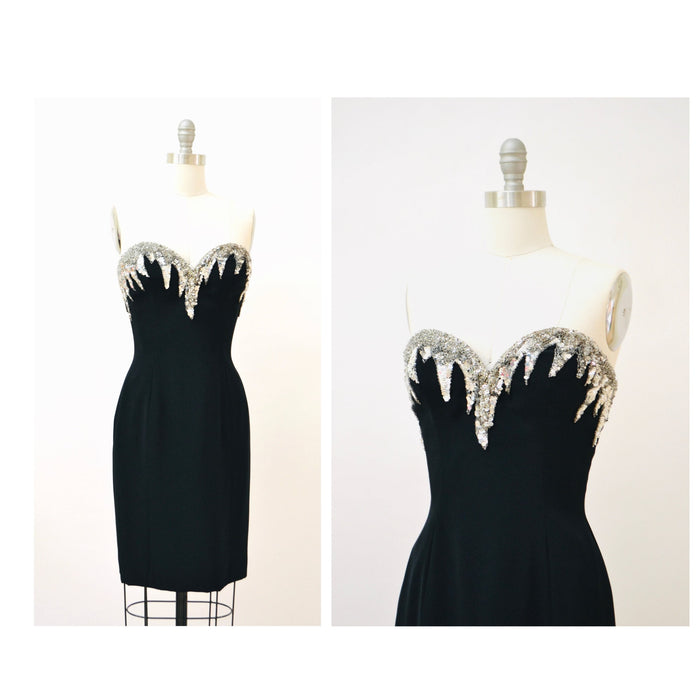 90s Vintage BOB MACKIE Dress Black Sequin Beaded Metallic Strapless Dress XS Small// Black Metallic Silver Sequin Dress Small Bob Mackie 6