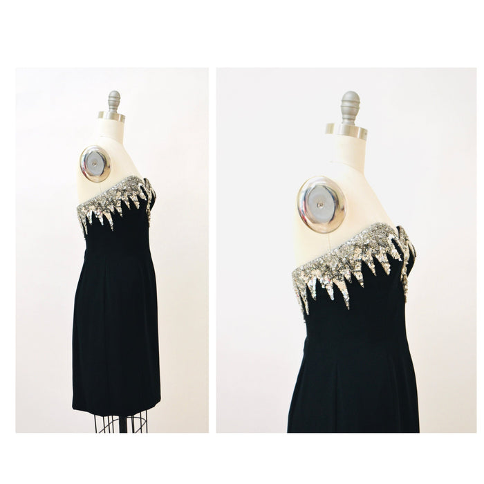 90s Vintage BOB MACKIE Dress Black Sequin Beaded Metallic Strapless Dress XS Small// Black Metallic Silver Sequin Dress Small Bob Mackie 6
