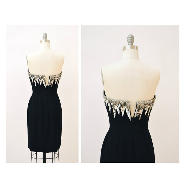 90s Vintage BOB MACKIE Dress Black Sequin Beaded Metallic Strapless Dress XS Small// Black Metallic Silver Sequin Dress Small Bob Mackie 6