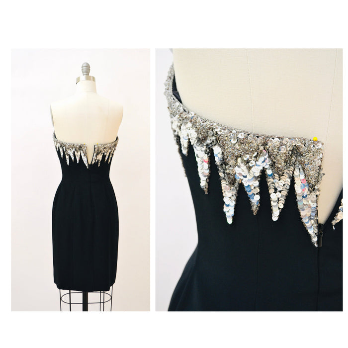 90s Vintage BOB MACKIE Dress Black Sequin Beaded Metallic Strapless Dress XS Small// Black Metallic Silver Sequin Dress Small Bob Mackie 6