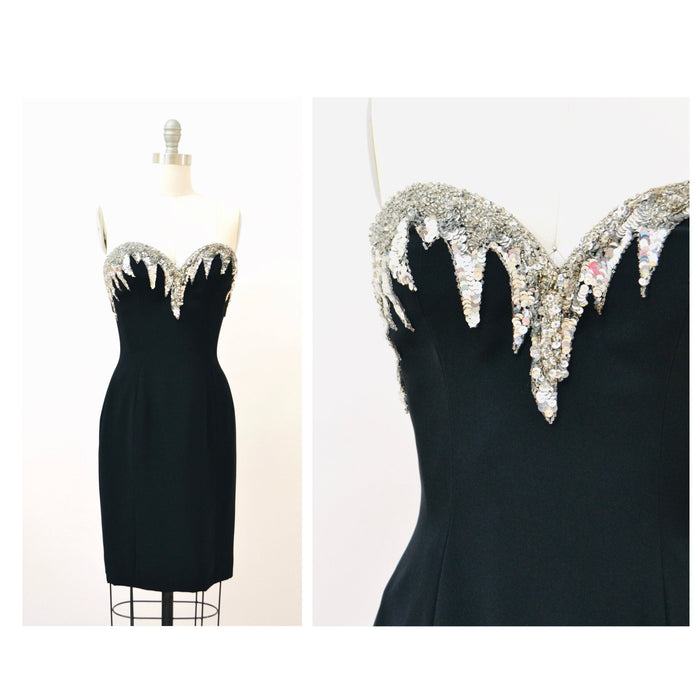 90s Vintage BOB MACKIE Dress Black Sequin Beaded Metallic Strapless Dress XS Small// Black Metallic Silver Sequin Dress Small Bob Mackie 6