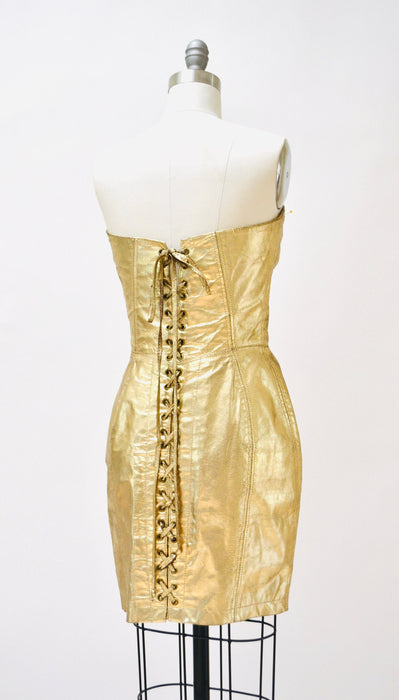 90s Michael Hoban Metallic Gold Leather Corset Dress, Size Small Medium Gold Leather Dress North Beach Leather Lace Up Corset Strapless