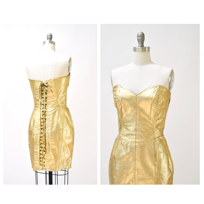 90s Michael Hoban Metallic Gold Leather Corset Dress, Size Small Medium Gold Leather Dress North Beach Leather Lace Up Corset Strapless