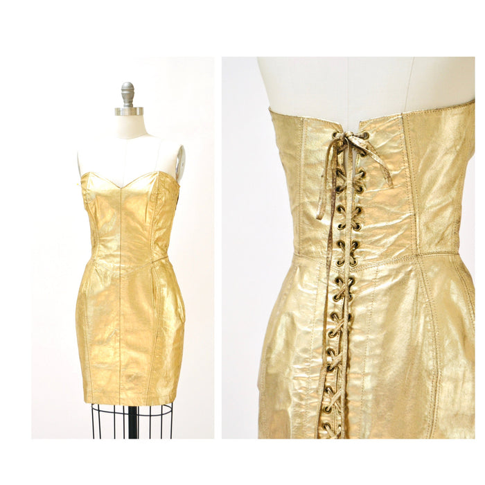 90s Michael Hoban Metallic Gold Leather Corset Dress, Size Small Medium Gold Leather Dress North Beach Leather Lace Up Corset Strapless