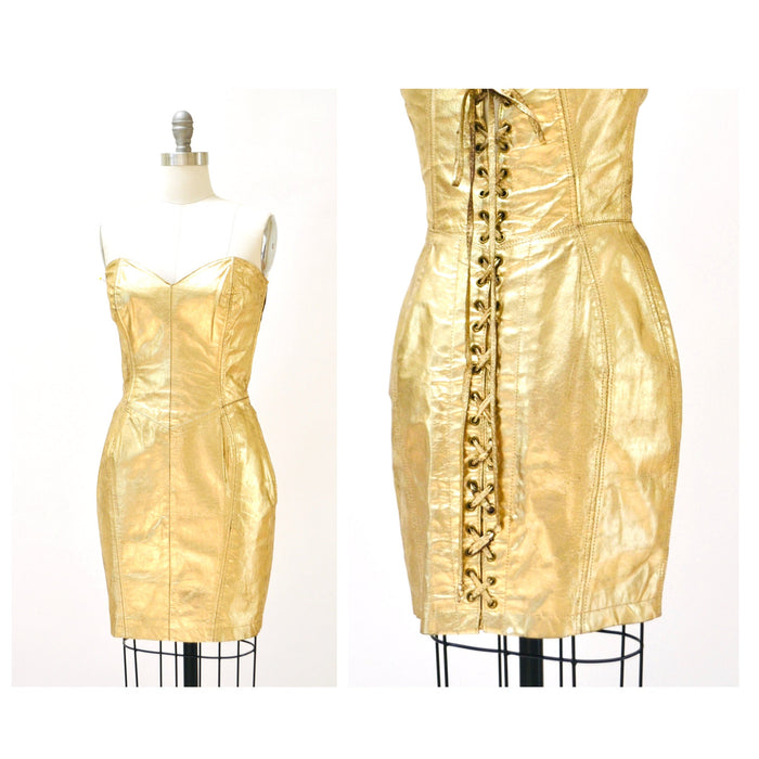 90s Michael Hoban Metallic Gold Leather Corset Dress, Size Small Medium Gold Leather Dress North Beach Leather Lace Up Corset Strapless