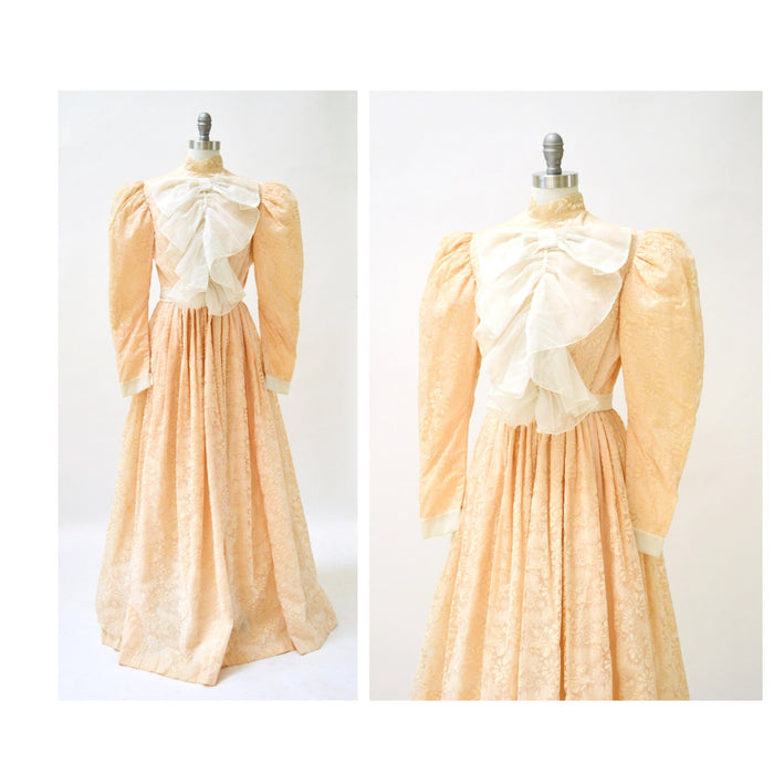 60s Peach Flocked Floral Gown, Long Sleeve Vintage Bridesmaid Dress XS/S