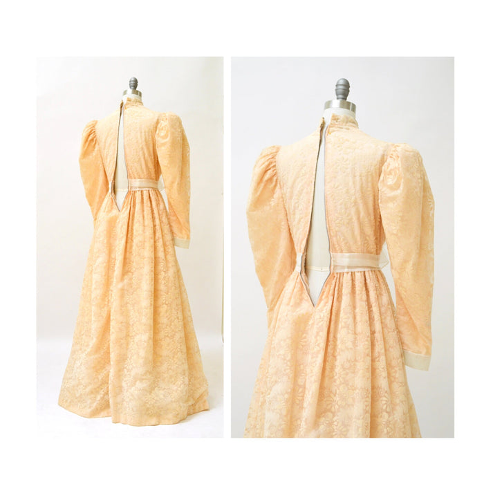 60s Peach Flocked Floral Gown, Long Sleeve Vintage Bridesmaid Dress XS/S