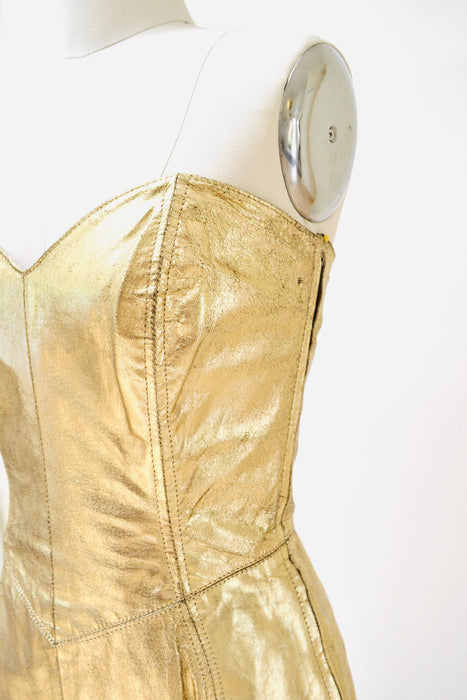 90s Michael Hoban Metallic Gold Leather Corset Dress, Size Small Medium Gold Leather Dress North Beach Leather Lace Up Corset Strapless
