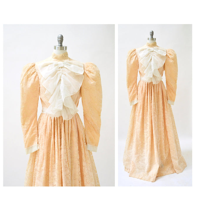 60s Peach Flocked Floral Gown, Long Sleeve Vintage Bridesmaid Dress XS/S