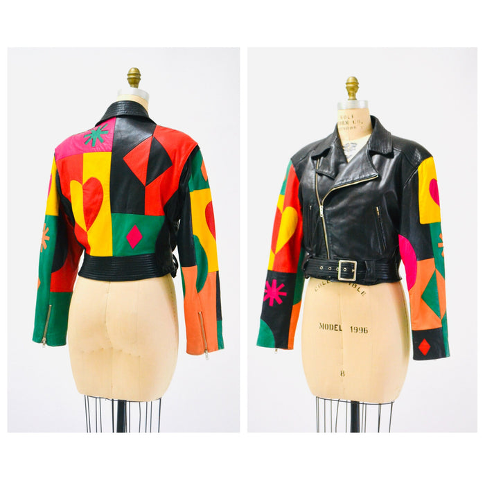 Vintage Michael Hoban Leather Biker Jacket: Rainbow Heart & Star Appliqué, XS/Small
