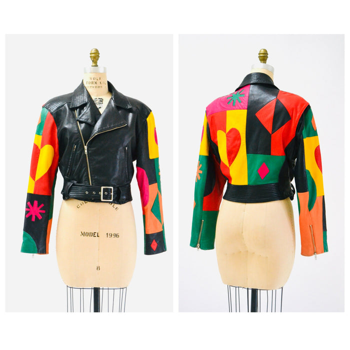Vintage Michael Hoban Leather Biker Jacket: Rainbow Heart & Star Appliqué, XS/Small
