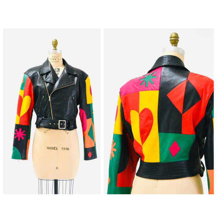 Vintage Michael Hoban Leather Biker Jacket: Rainbow Heart & Star Appliqué, XS/Small