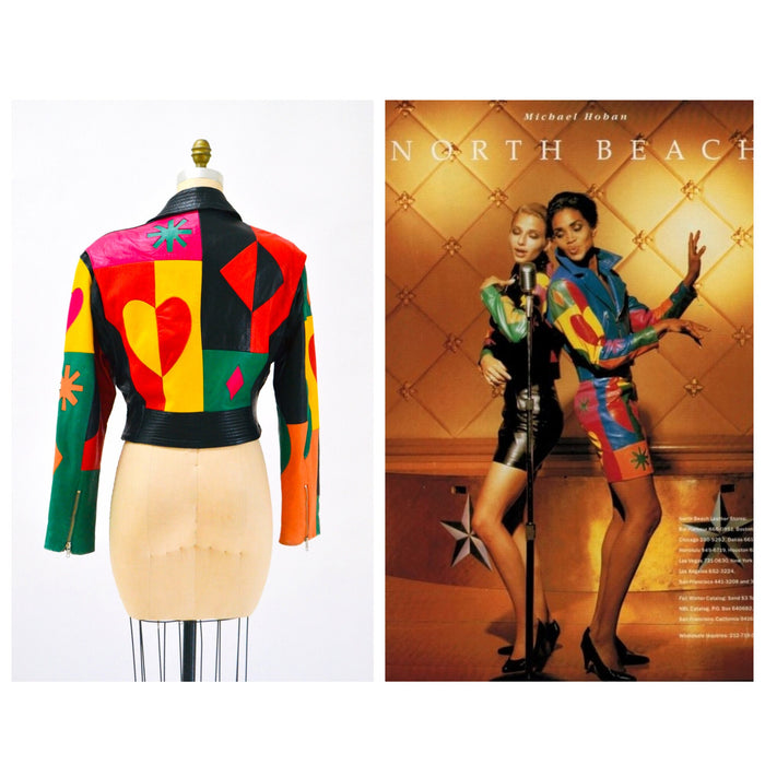 Vintage Michael Hoban Leather Biker Jacket: Rainbow Heart & Star Appliqué, XS/Small