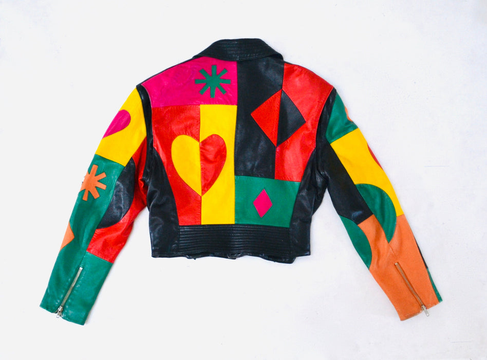 Vintage Michael Hoban Leather Biker Jacket: Rainbow Heart & Star Appliqué, XS/Small
