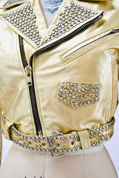 80s 90s Amazing Vintage Gold Leather Biker Jacket Rhinestones Gold Studs Small Medium// Metallic Studded Gold Leather Moto Jacket LA ROXX