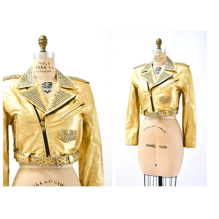 80s 90s Amazing Vintage Gold Leather Biker Jacket Rhinestones Gold Studs Small Medium// Metallic Studded Gold Leather Moto Jacket LA ROXX