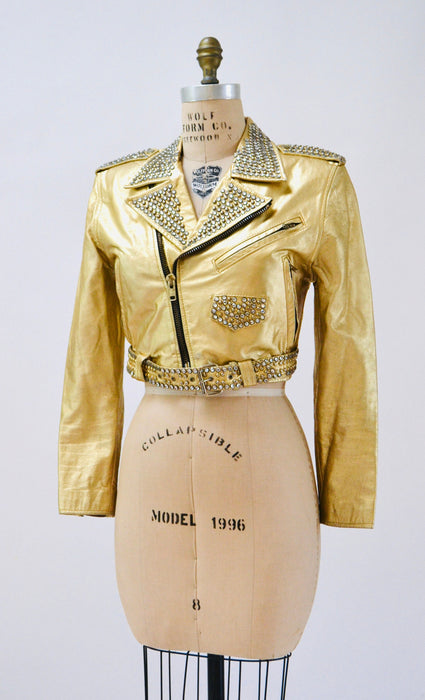 80s 90s Amazing Vintage Gold Leather Biker Jacket Rhinestones Gold Studs Small Medium// Metallic Studded Gold Leather Moto Jacket LA ROXX