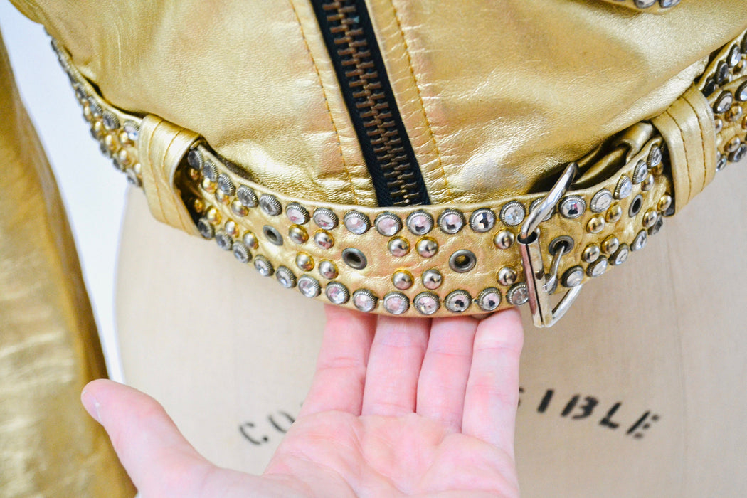 80s 90s Amazing Vintage Gold Leather Biker Jacket Rhinestones Gold Studs Small Medium// Metallic Studded Gold Leather Moto Jacket LA ROXX