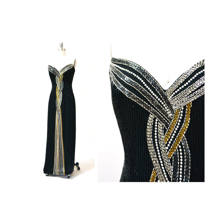 Vintage Bob Mackie 80s 90s Vintage Beaded Sequin Gown Dress By Bob Mackie Black Silver Strapless Black Beaded Gown Cher Dress Small Medium