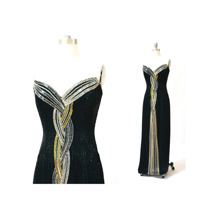 Vintage Bob Mackie 80s 90s Vintage Beaded Sequin Gown Dress By Bob Mackie Black Silver Strapless Black Beaded Gown Cher Dress Small Medium