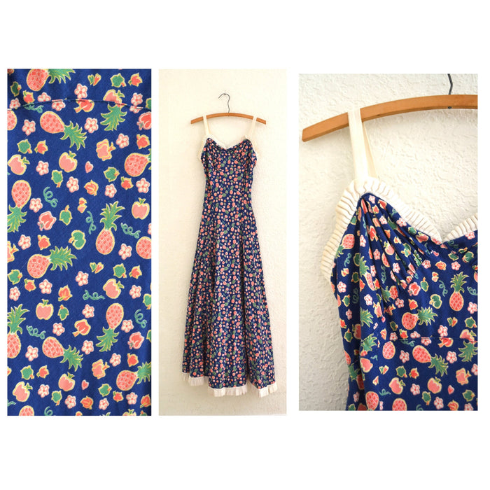 1940s Bias Cut Cotton Dress, Tropical Fruit Floral Print, XXS/XS