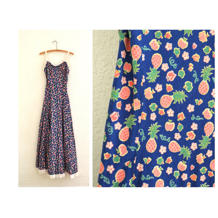 1940s Bias Cut Cotton Dress, Tropical Fruit Floral Print, XXS/XS