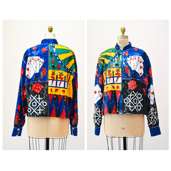 80s 90s Vintage Las Vegas Casino Sequin Jacket Large JUST FABULOUS Cards Slot Machine Poker Las Vegas Beaded Sequin Jacket Large Yetta Nanny