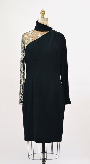 90s Vintage Black Beaded BOB MACKIE Dress with stars Medium// Vintage Black Illusion Dress// Metallic Celestial Sequin Party Dress