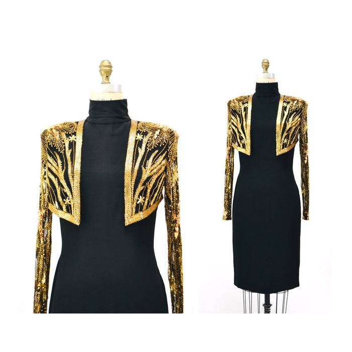 90s Vintage BOB MACKIE Dress Sequin Party Dress Size Small// Vintage Black Gold Party Dress with Sequin Beaded Jacket by Bob Mackie Stars