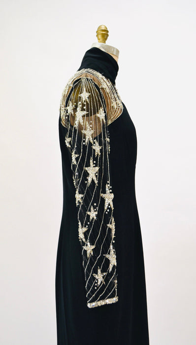 90s Vintage Black Beaded BOB MACKIE Dress with stars Medium// Vintage Black Illusion Dress// Metallic Celestial Sequin Party Dress