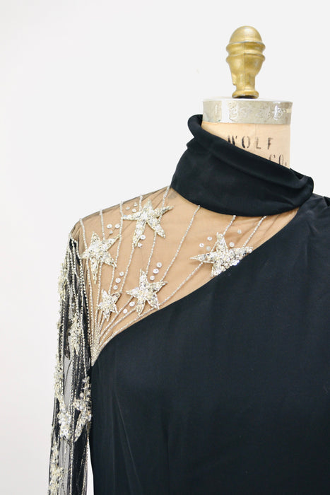 90s Vintage Black Beaded BOB MACKIE Dress with stars Medium// Vintage Black Illusion Dress// Metallic Celestial Sequin Party Dress