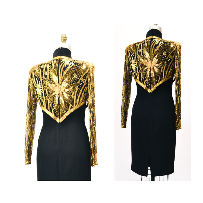 90s Vintage BOB MACKIE Dress Sequin Party Dress Size Small// Vintage Black Gold Party Dress with Sequin Beaded Jacket by Bob Mackie Stars