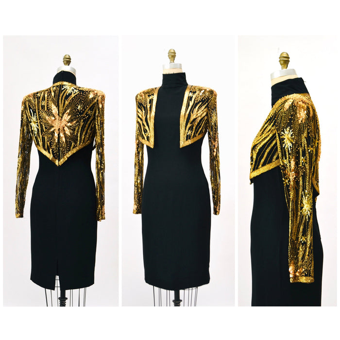 90s Vintage BOB MACKIE Dress Sequin Party Dress Size Small// Vintage Black Gold Party Dress with Sequin Beaded Jacket by Bob Mackie Stars