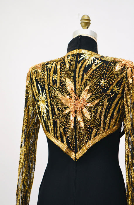 90s Vintage BOB MACKIE Dress Sequin Party Dress Size Small// Vintage Black Gold Party Dress with Sequin Beaded Jacket by Bob Mackie Stars