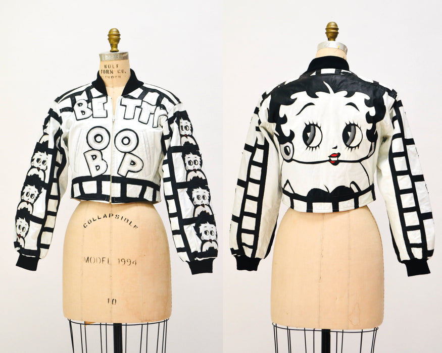 80s 90s Vintage Leather Jacket with Betty Boop Vintage White Leather Bomber Jacket with Betty Boop Comics Black and White Small Medium