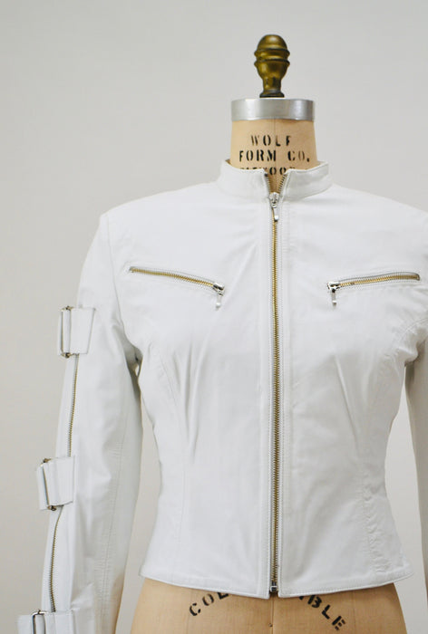 Vintage White Leather Moto Jacket, Buckle Sleeves, Y2K Bondage Style