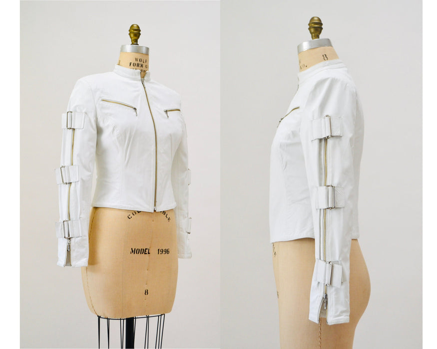 Vintage White Leather Moto Jacket, Buckle Sleeves, Y2K Bondage Style