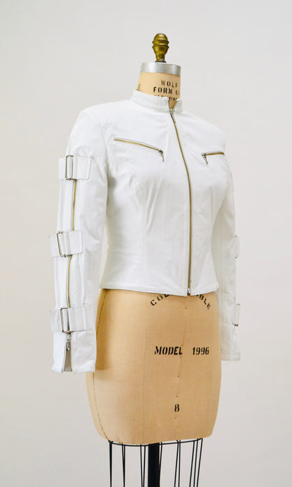 Vintage White Leather Moto Jacket, Buckle Sleeves, Y2K Bondage Style